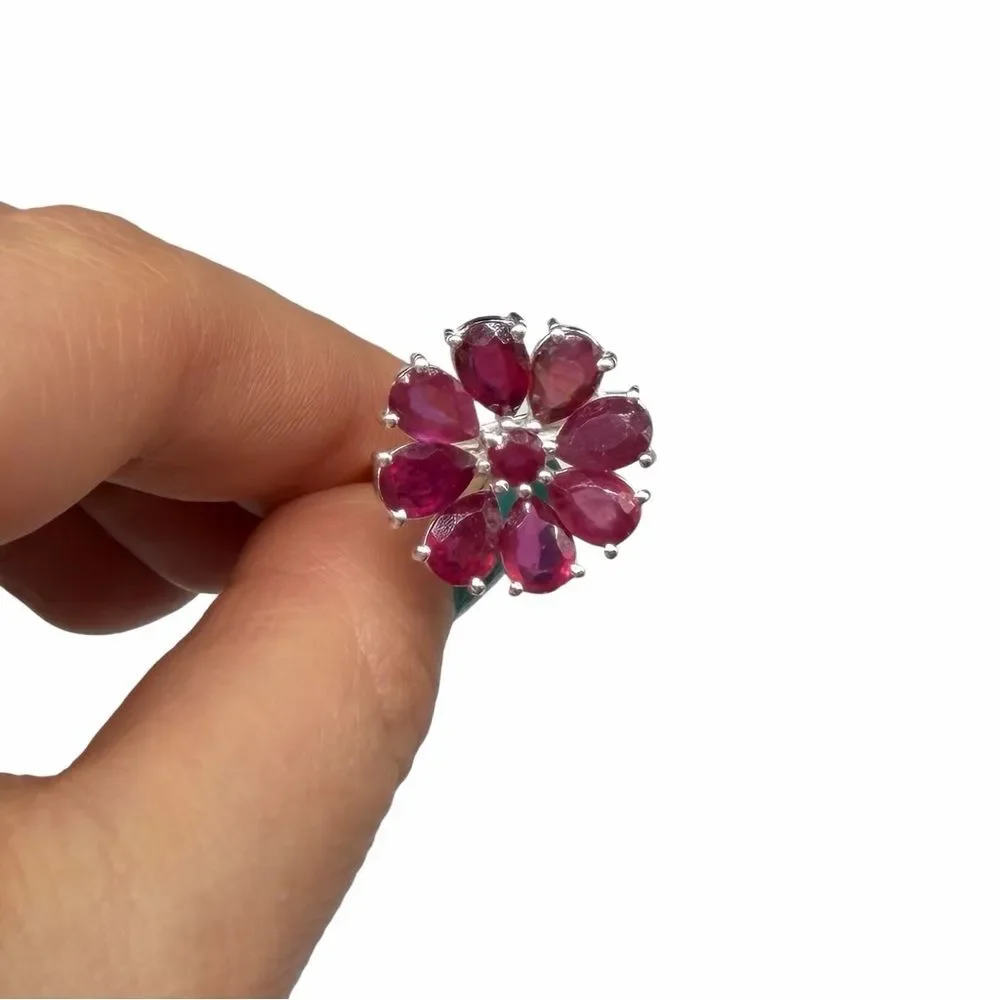 Ruby Flower Ring Size 6 Solid 925 Sterling Silver Daisy Multi Stone Statement